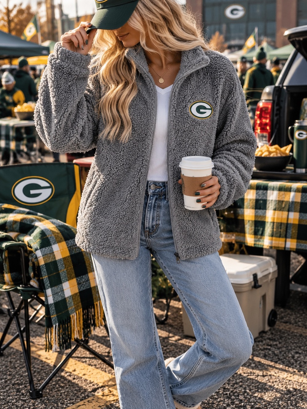 Green Bay Packers Gray Sherpa Fleece Jacket Women M